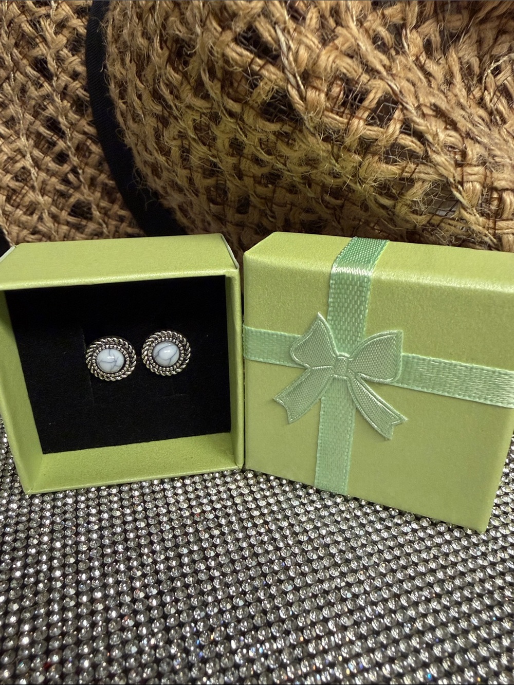 Silver-Tone White Stone Rope-Edge Stud Earrings - Women Jewelry